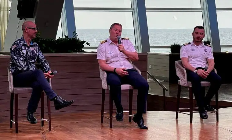 Anthem of the Seas Hotel Director Angel Dimitriv, Captain Iv Vidos and Cruise Director Joff Eaton