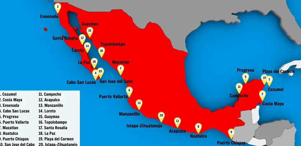 Mapa de los Puertos de Cruceros de México