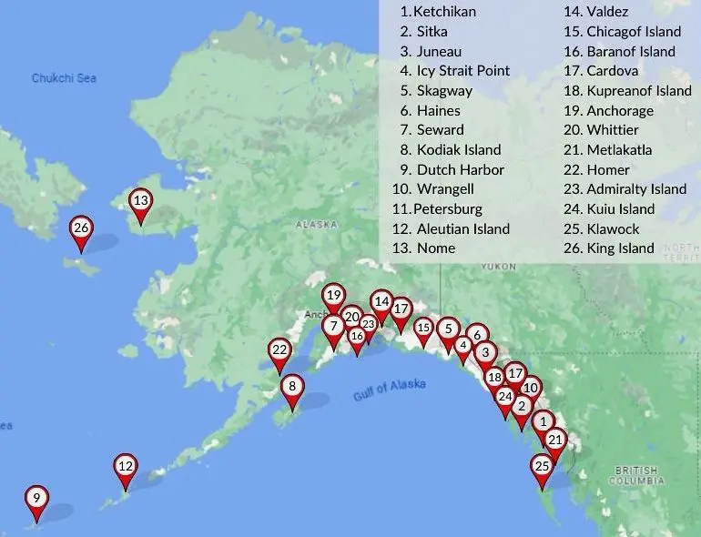 Mapa de Puertos de Cruceros de Alaska