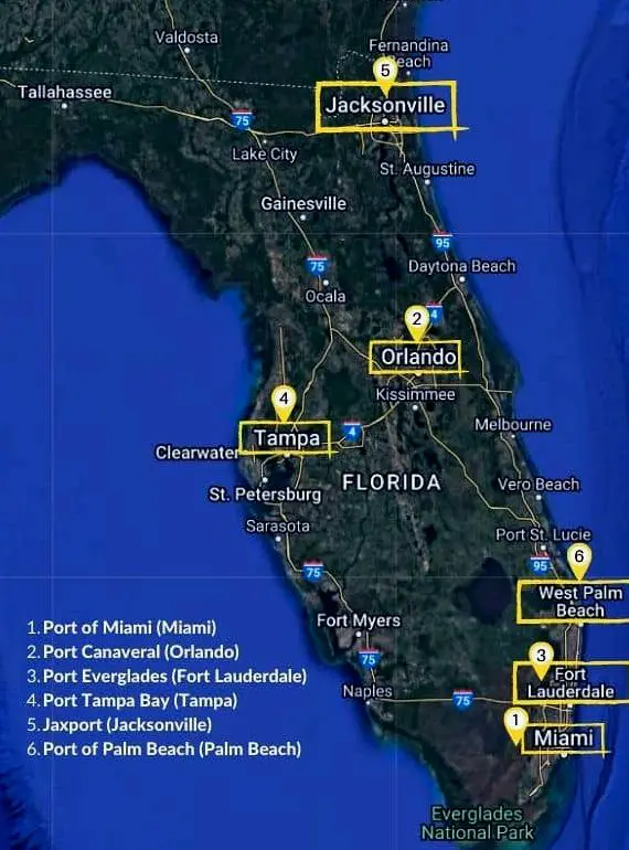 Mapa de Puertos de Cruceros de Florida