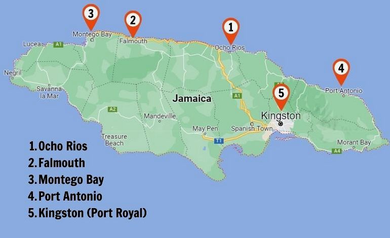 Mapa de los Puertos de Cruceros de Jamaica